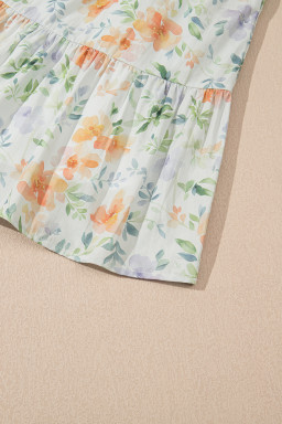 Beige Floral Print Smocked High Waist Puff Sleeve Mini Dress