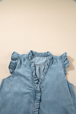 Beau Blue Ruffle V Neck Chambray Sleeveless Shirt