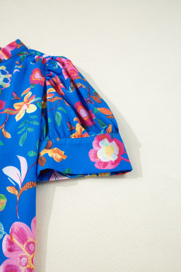 Blue Puff Sleeve Button Up Boho Floral Shirt