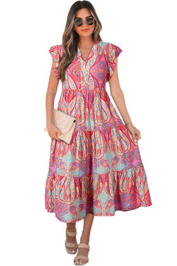 Rose Ethnic Paisley Print Ruffle Sleeve Notch Neck Midi Dress