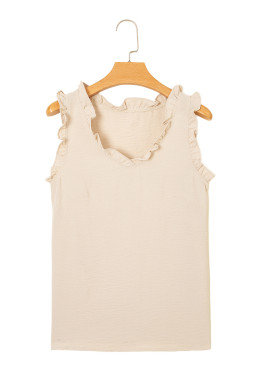 Parchment Frill Trim V Neck Crinkled Sleeveless Top