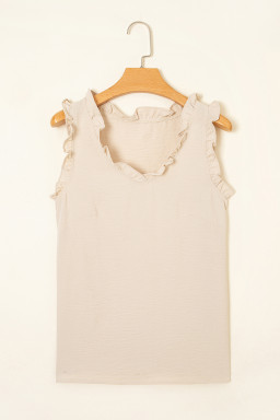 Parchment Frill Trim V Neck Crinkled Sleeveless Top