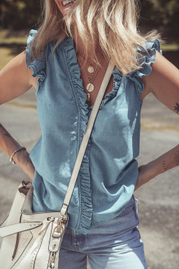 Beau Blue Ruffle V Neck Chambray Sleeveless Shirt