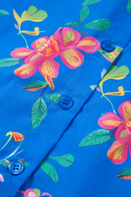 Blue Puff Sleeve Button Up Boho Floral Shirt