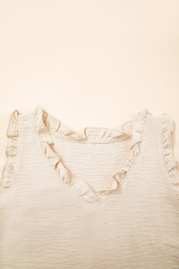 Parchment Frill Trim V Neck Crinkled Sleeveless Top