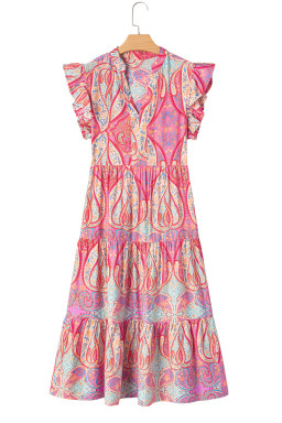 Rose Ethnic Paisley Print Ruffle Sleeve Notch Neck Midi Dress