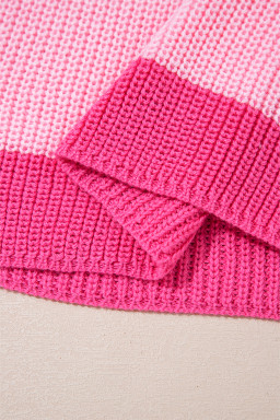 Pink Colorblock Notch V Neck Knit T Shirt