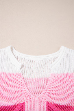 Pink Colorblock Notch V Neck Knit T Shirt