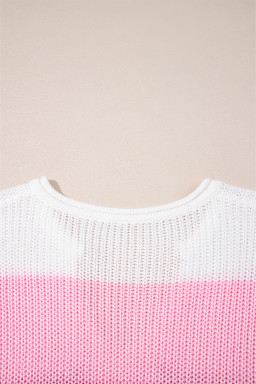 Pink Colorblock Notch V Neck Knit T Shirt