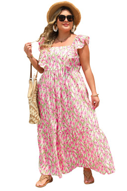 Pink Plus Size Ruffle High Waist Floral Maxi Dress