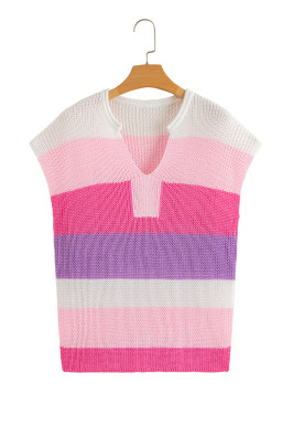 Pink Colorblock Notch V Neck Knit T Shirt