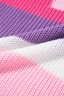 Pink Colorblock Notch V Neck Knit T Shirt
