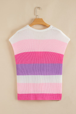 Pink Colorblock Notch V Neck Knit T Shirt