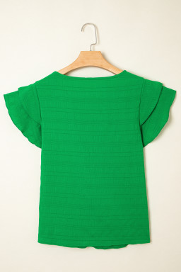Dark Green Ruffle Sleeve Textured Smocked Blouse