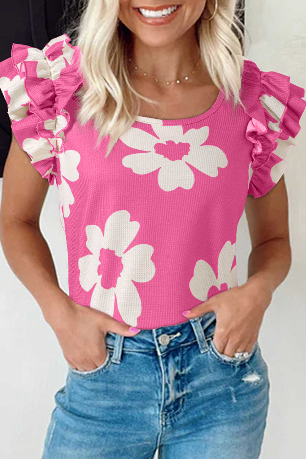 Pink Floral Ruffle Shoulder Square Neck Blouse