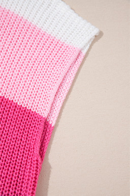 Pink Colorblock Notch V Neck Knit T Shirt