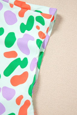 Green Leopard Print Patchwork V Neck Short Sleeve Blouse