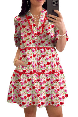 Red Floral Puff Sleeve Tiered Ric Rac Pocketed Mini Dress