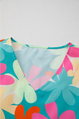 Pink Floral Print Bubble Sleeve V Neck Peplum Blouse