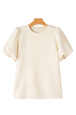 Oatmeal Solid Color Textured Puff Sleeve T-shirt