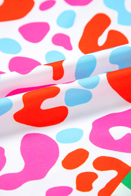 Green Leopard Print Patchwork V Neck Short Sleeve Blouse