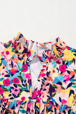 Pink Floral Puff Short Sleeve V Neck Mini Dress