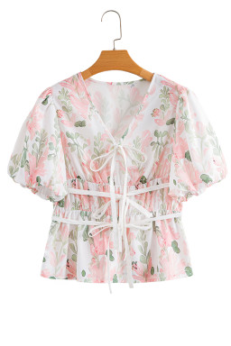 Pink Floral Puff Sleeve V Neck Tie Front Peplum Blouse