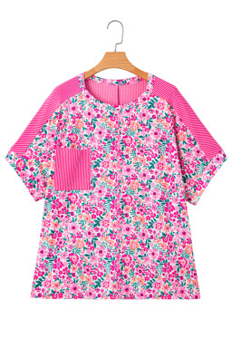 Pink Plus Size Floral Print Corded Patchwork Loose Top