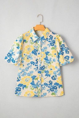 Blue Floral Striped Mixed Print Puff Sleeve Blouse