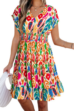 Sky Blue Abstract Print V Neck Dolman Sleeve Ruffle Tiered Mini Dress
