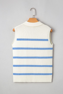 Sky Blue Striped Split V Neck Collared Ribbed Knit Vest