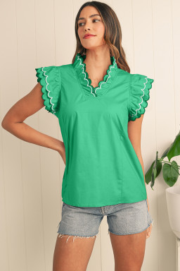 Bright Green Scallop Trim V Neck Layered Short Sleeve Blouse