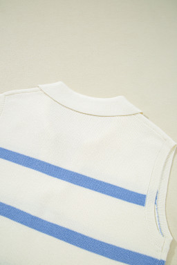 Sky Blue Striped Split V Neck Collared Ribbed Knit Vest