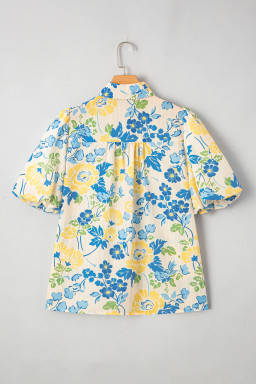 Blue Floral Striped Mixed Print Puff Sleeve Blouse