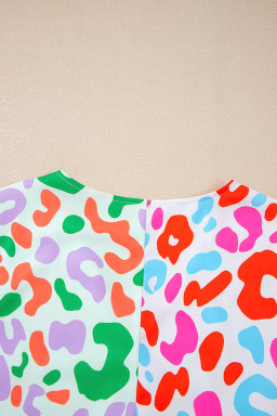 Green Leopard Print Patchwork V Neck Short Sleeve Blouse