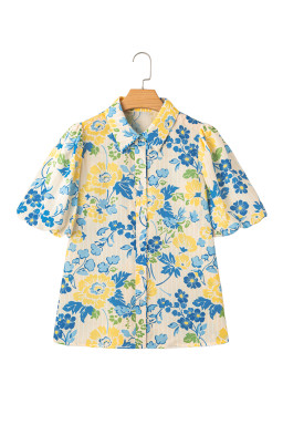 Blue Floral Striped Mixed Print Puff Sleeve Blouse