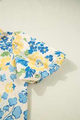 Blue Floral Striped Mixed Print Puff Sleeve Blouse