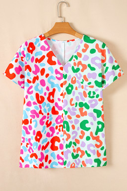 Green Leopard Print Patchwork V Neck Short Sleeve Blouse