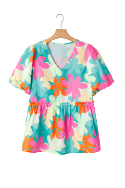 Pink Floral Print Bubble Sleeve V Neck Peplum Blouse