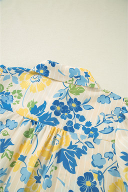 Blue Floral Striped Mixed Print Puff Sleeve Blouse