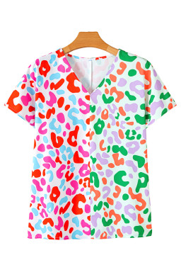 Green Leopard Print Patchwork V Neck Short Sleeve Blouse