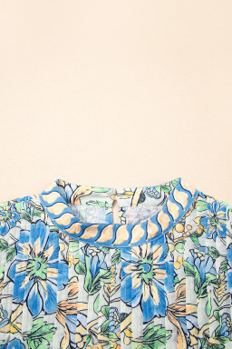 Spinach Green Botanical Floral Print Ruffle Pleated Mini Dress