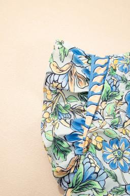 Spinach Green Botanical Floral Print Ruffle Pleated Mini Dress