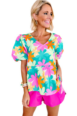 Pink Floral Print Bubble Sleeve V Neck Peplum Blouse