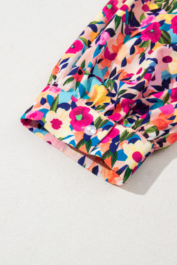 Pink Floral Puff Short Sleeve V Neck Mini Dress