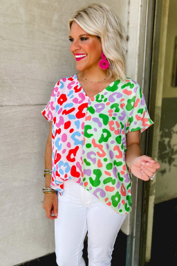 Green Leopard Print Patchwork V Neck Short Sleeve Blouse