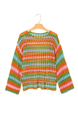 Carrot Striped Hollow Knit Summer Beach Cover Up