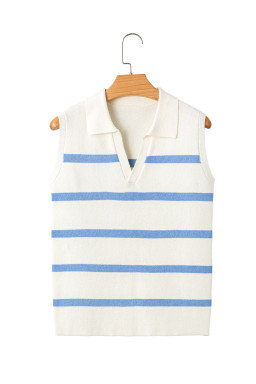 Sky Blue Striped Split V Neck Collared Ribbed Knit Vest