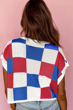 White USA Flag Inspire Plaid Sequin Heart Graphic Short Sleeve Sweater