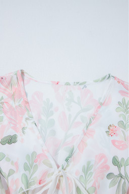 Pink Floral Puff Sleeve V Neck Tie Front Peplum Blouse